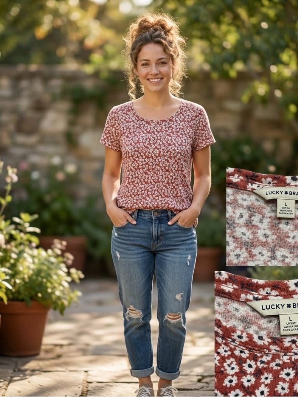 Lucky Brand Ditsy Daisy Floral Tee | Size Large - Picture 2 of 7